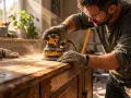 Un artisan utilise une ponceuse pour décaper un meuble en bois, soulevant un nuage de poussière.