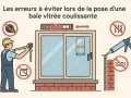 Un ouvrier mesure la hauteur d'ouverture d'une porte coulissante. Des symboles indiquent des erreurs à éviter lors de la pose.