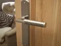 Composition d'une poignée de porte moderne en métal brossé sur une porte en bois clair. Le manche est strié pour une meilleure prise.