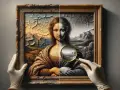 Mona Lisa divisée, moitié en couleur, moitié en noir et blanc, sous une loupe. La craquelure de la peinture révèle une technique de peinture ancienne.