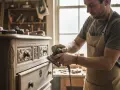 Artisan ponce un meuble ancien, le laissant brut pour révéler sa beauté naturelle. La poussière de bois vole autour de lui.