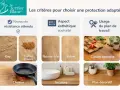 Critères pour un traitement bois brut intérieur : résistance à l'eau, taches, chaleur, aspect naturel ou satiné, usage intensif ou décoratif.