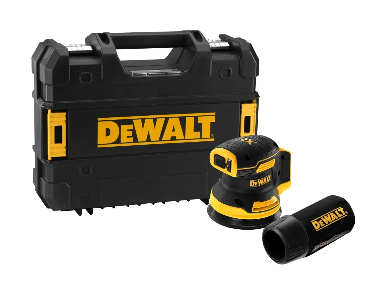 Une ponceuse Dewalt noire et jaune, avec son coffret et un accessoire. Idéal pour vos travaux de ponçage.