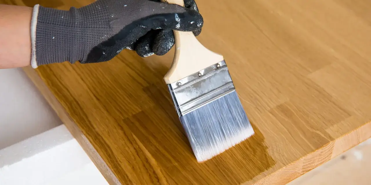 Main tenant enlever huile de lin sur bois avec un pinceau. Le bois est clair et le pinceau applique une couche protectrice.