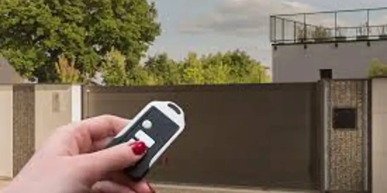 Main tenant utilise une télécommande pour le réglage du gond d'un portail aluminium.