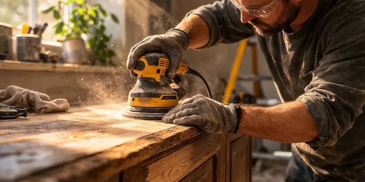 Un artisan utilise une ponceuse pour décaper un meuble en bois, soulevant un nuage de poussière.