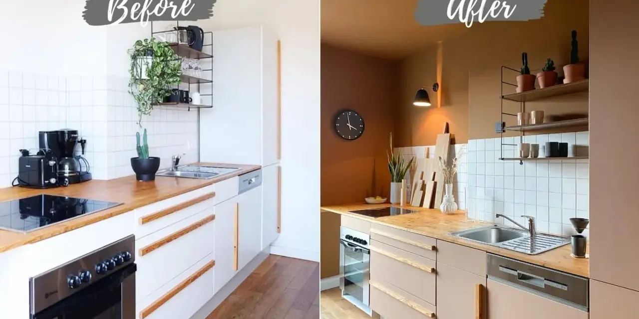 Avant/après : cuisine modernisée. Les meubles de cuisine blancs ont été repeints en taupe, transformant l'espace.