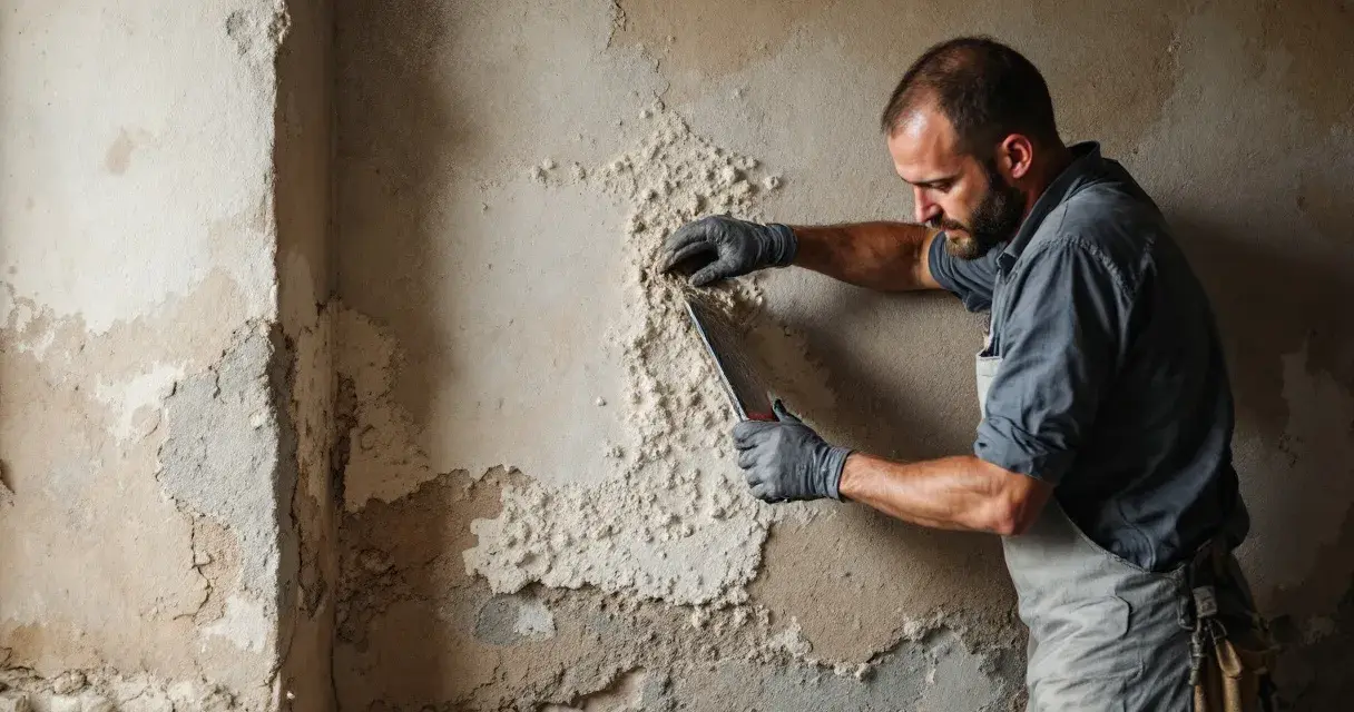 Un homme enlève un crépi intérieur abîmé avec une spatule. Il porte des gants et une salopette.