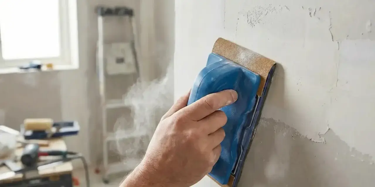 Main d'un artisan ponçant un mur en placo avec un grain adapté pour un fini lisse. La poussière s'envole.