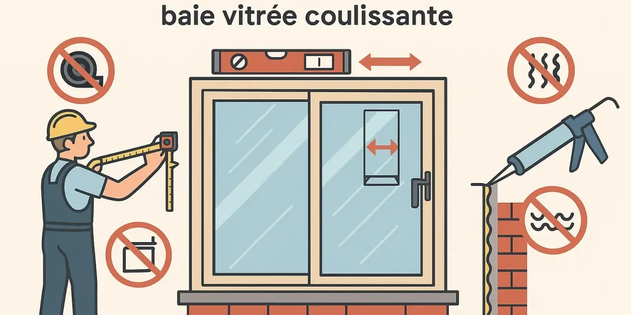 Un ouvrier mesure la hauteur d'ouverture d'une porte coulissante. Des symboles indiquent des erreurs à éviter lors de la pose.