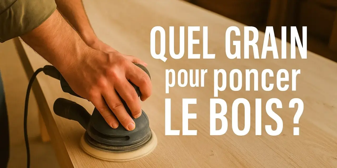 Main ponceuse orbitale sur une table en bois. La question "Quel grain pour poncer le bois ?" s'affiche en blanc.
