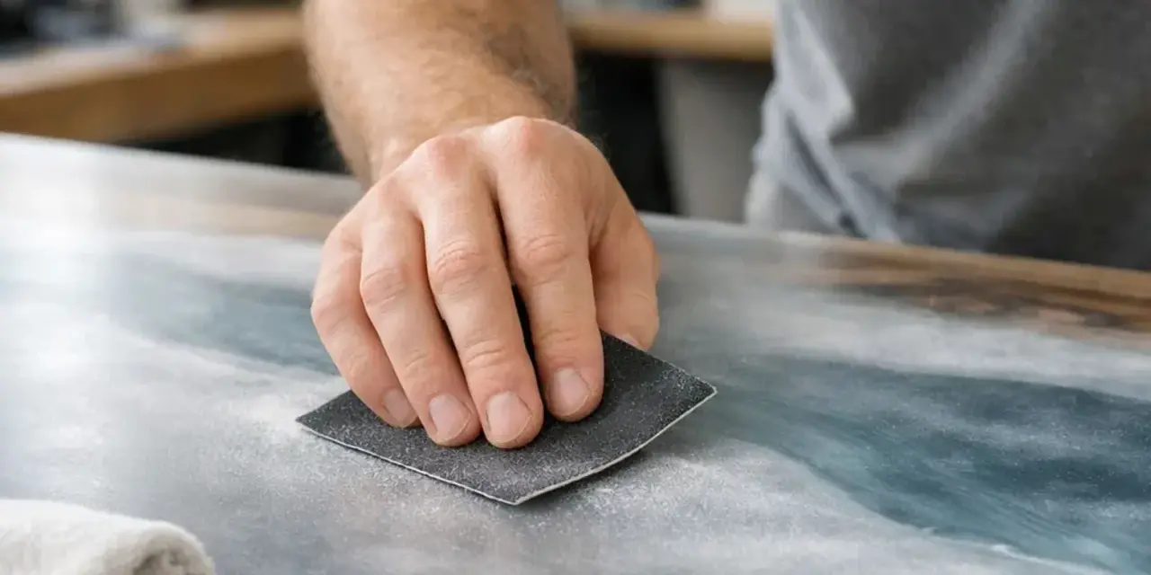 Main d'artisan ponçant une surface pour peindre sur du vernis. La poussière fine indique le travail de préparation.