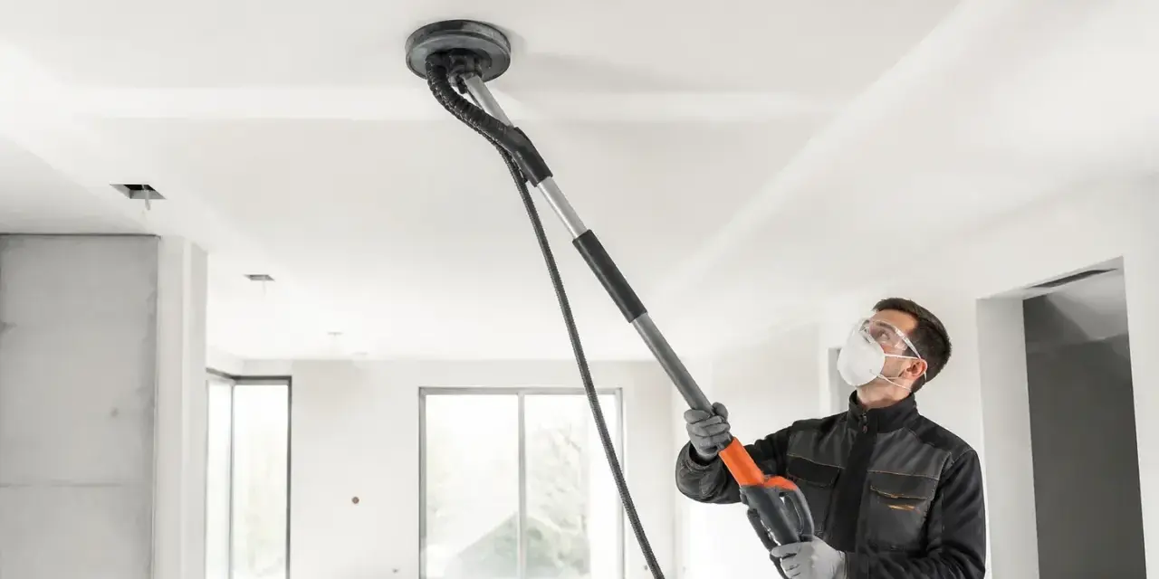 Un ouvrier utilise une ponceuse girafe pour poncer un plafond blanc dans une pièce en construction.