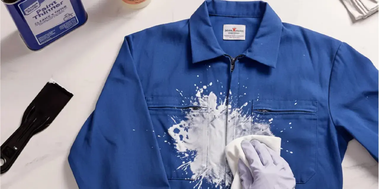 Une main gantée essaie de nettoyer peinture acrylique sèche sur une veste bleue avec un chiffon. Un grattoir et un produit sont à proximité.