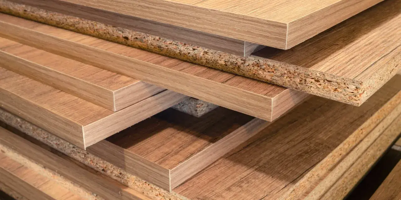 Pile de panneaux de bois, certains avec un placage imitant le bois, d'autres montrant leur cœur granuleux. Les inconvénients du bois MDF incluent sa sensibilité à l'humidité.