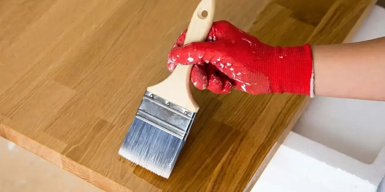 Application d'huile de lin sur un plateau en bois de douglas. La main gantée de rouge applique le produit avec un pinceau.