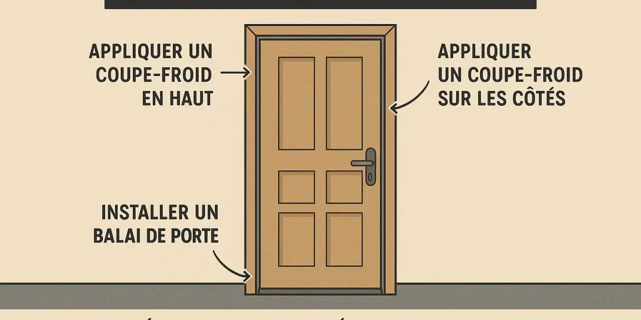Illustration montrant comment isoler une porte : appliquer un coupe-froid en haut et sur les côtés, installer un balai de porte pour réduire la perte d'énergie.