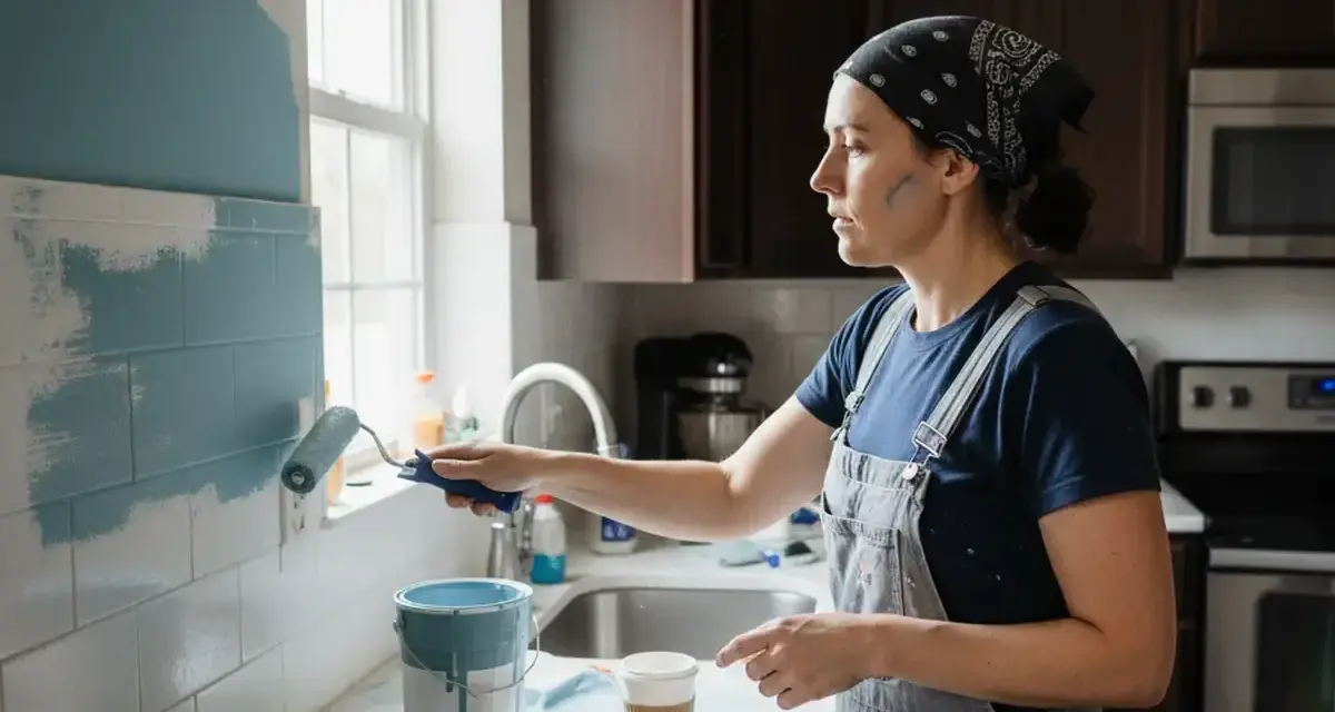 Une femme en salopette repeint sa cuisine avec un rouleau bleu pâle. La transformation de la cuisine repeinte est en cours.