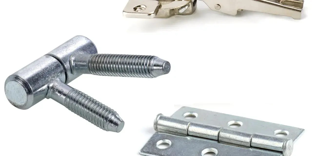 Trois types de charnières pour meuble : une charnière de placard, une charnière à vis et une charnière plate.