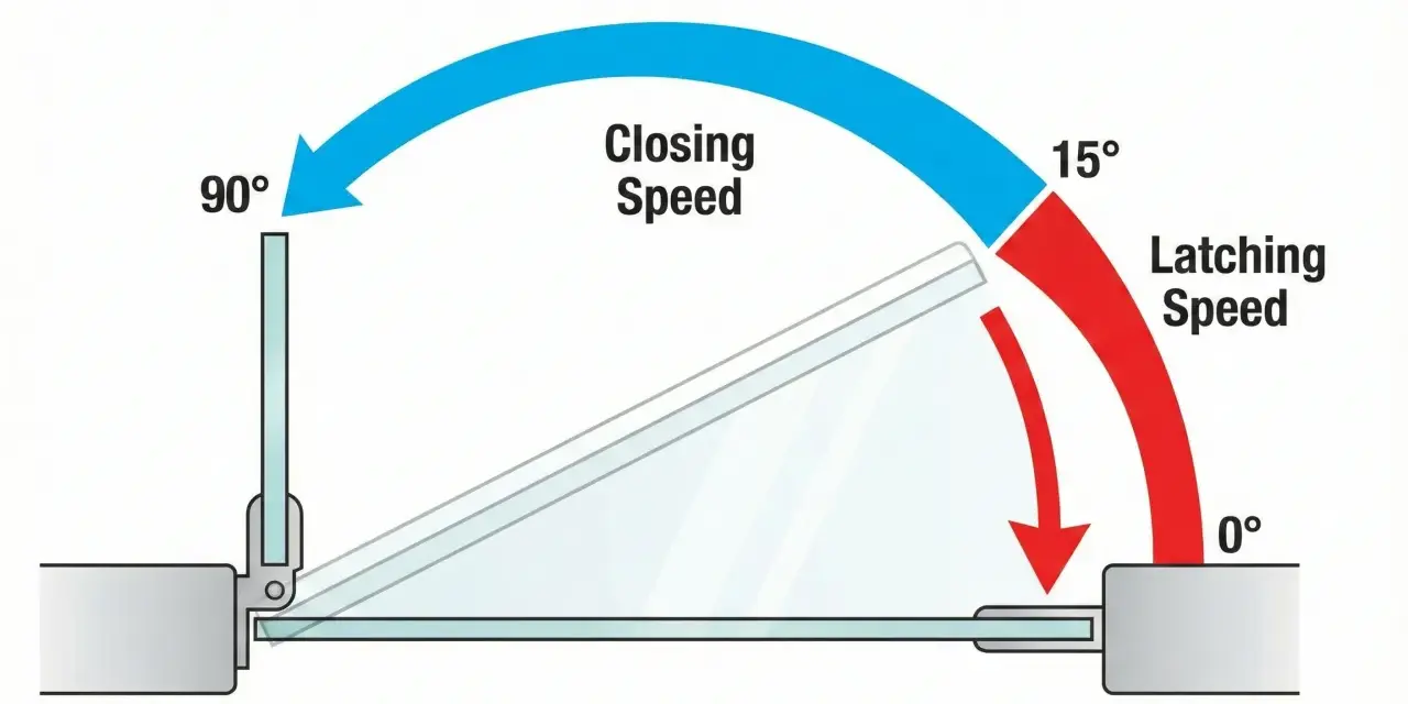 Illustration du réglage ferme porte : vitesse de fermeture (90° à 15°) et vitesse d'enclenchement (15° à 0°).