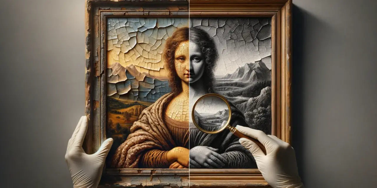 Mona Lisa divisée, moitié en couleur, moitié en noir et blanc, sous une loupe. La craquelure de la peinture révèle une technique de peinture ancienne.