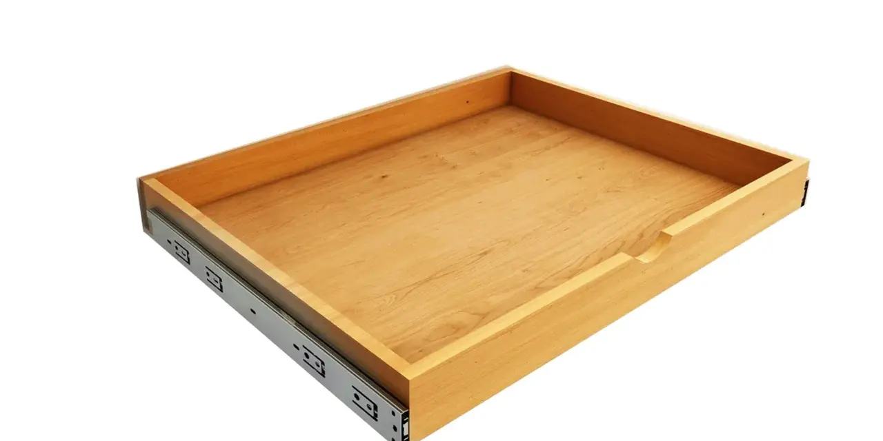 Un tiroir coulissant en bois, prêt à être assemblé. Ses glissières métalliques sont déjà fixées.