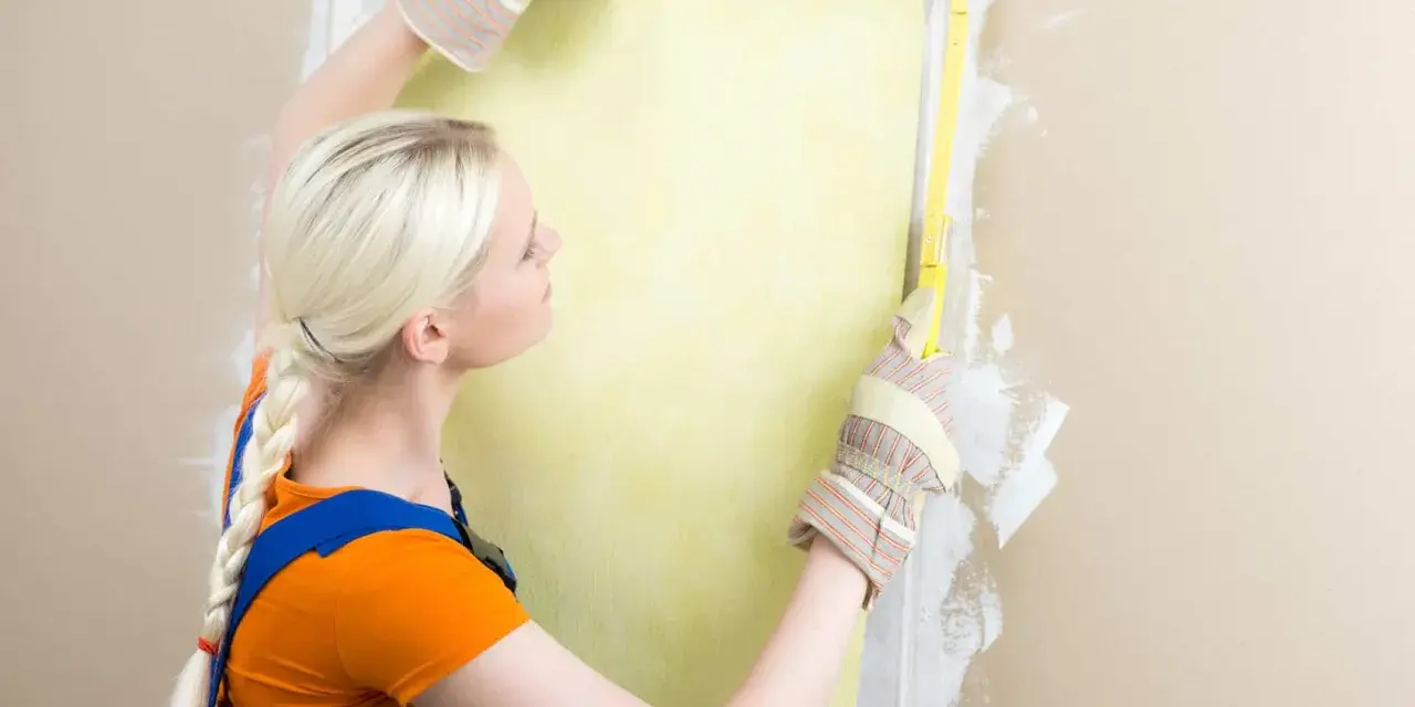 Une femme en salopette bleue et t-shirt orange mesure un mur pour le détapisser puis peindre.