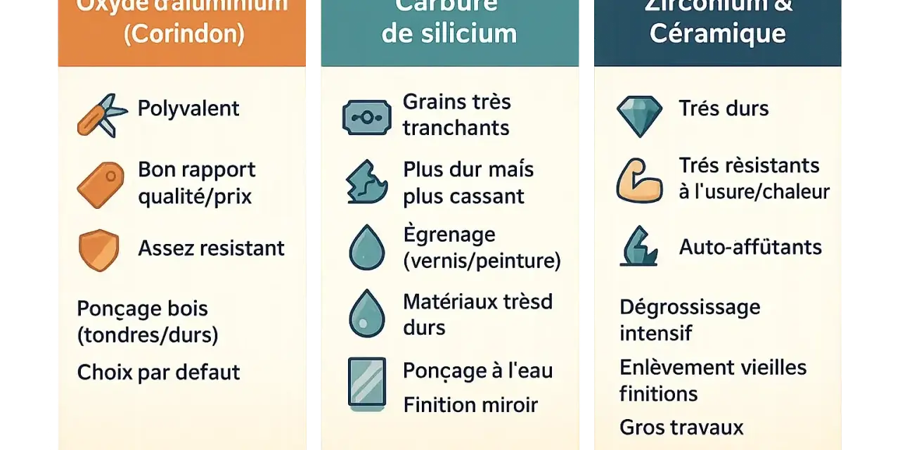 Comparaison des grains abrasifs : oxyde d'aluminium (polyvalent, bon pour ponçage bois), carbure de silicium (tranchant, pour vernis/peinture) et zirconium/céramique (très dur, gros travaux).