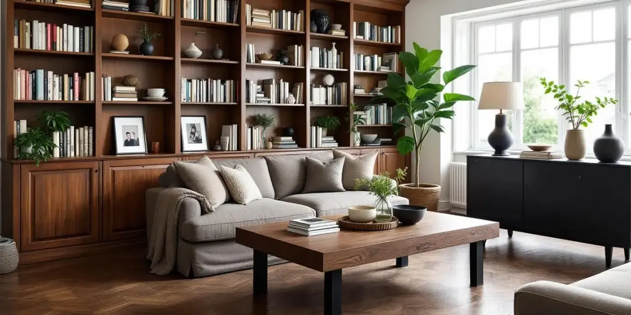 Salon cosy avec bibliothèque en bois, mélange bois clair et bois foncé. Canapé gris, table basse en bois, plantes vertes.