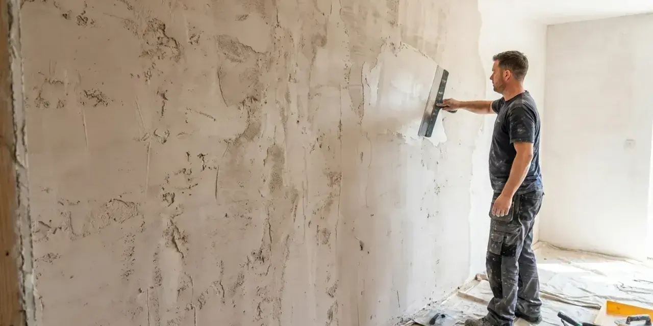 Un ouvrier applique du plâtre sur un mur avec une truelle, prêt à gratter le mur pour une finition lisse.