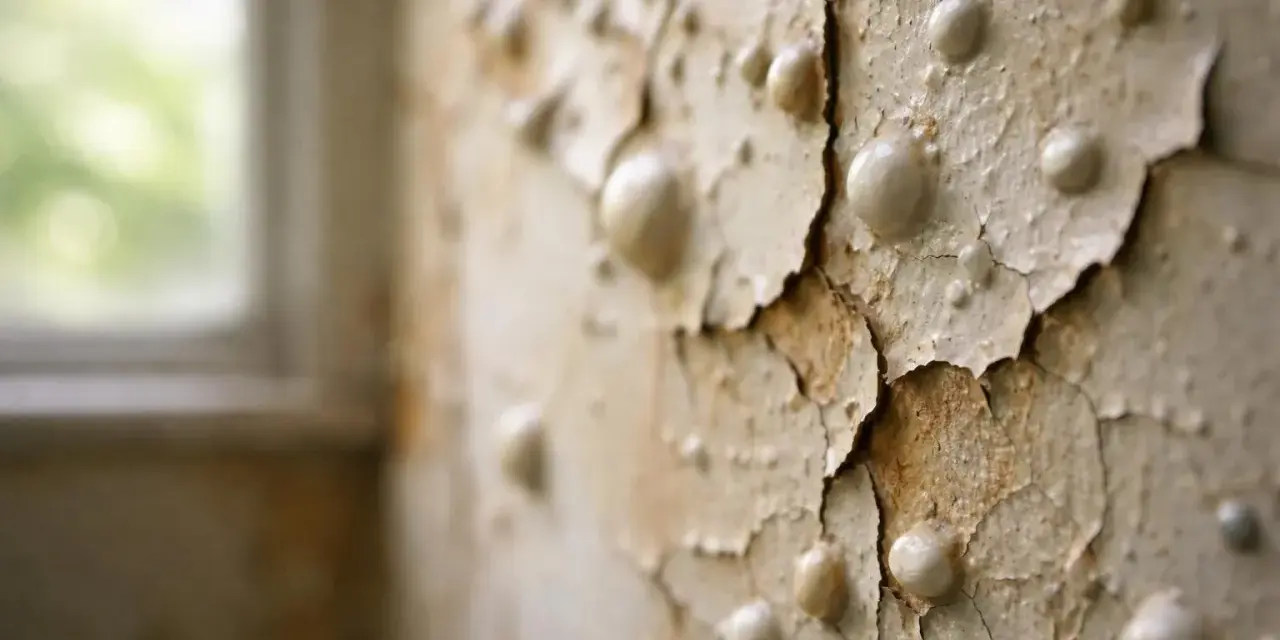 Peinture qui cloque sur un mur extérieur, révélant des bulles et des fissures, signe de dégradation.