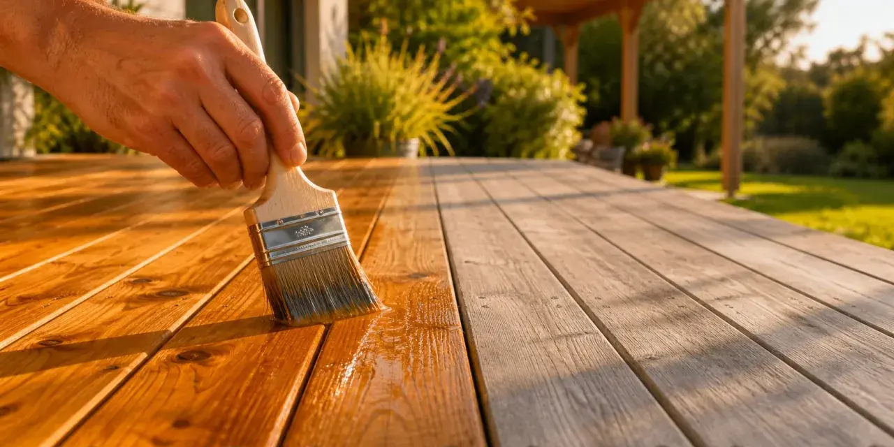 Main d'une personne appliquant un saturateur sur une terrasse en bois. Aide à choisir quel saturateur choisir pour protéger et embellir le bois.