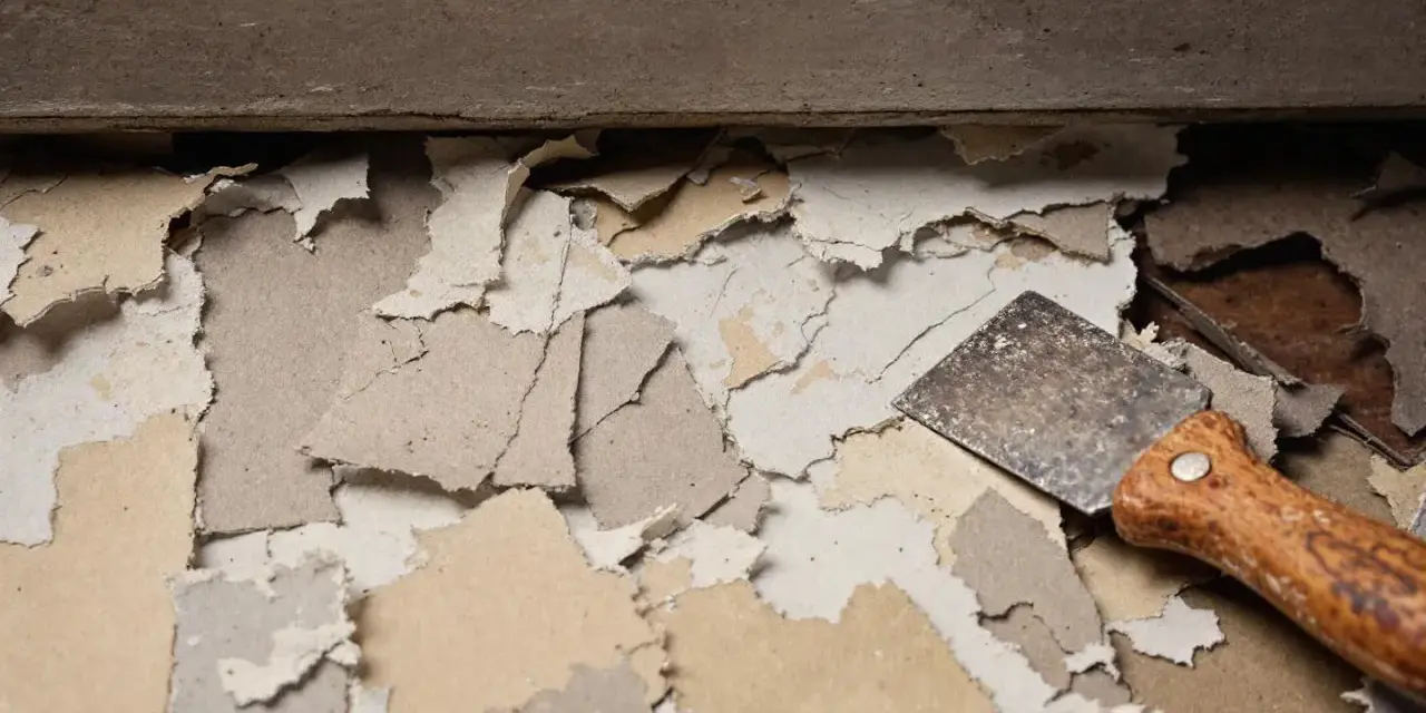 Un grattoir à peinture, avec son manche en bois, est posé sur des morceaux de **peinture qui s'enlève facilement**, révélant le support en dessous.
