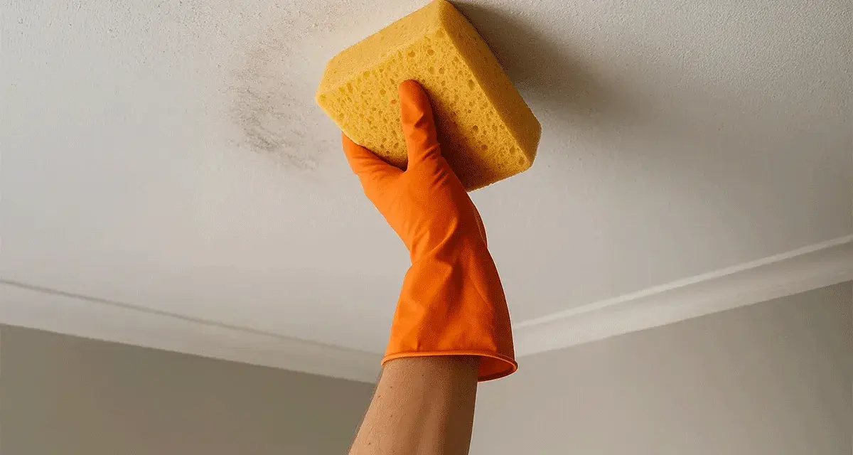 Main tenant nettoie la peinture acrylique au plafond avec une éponge.