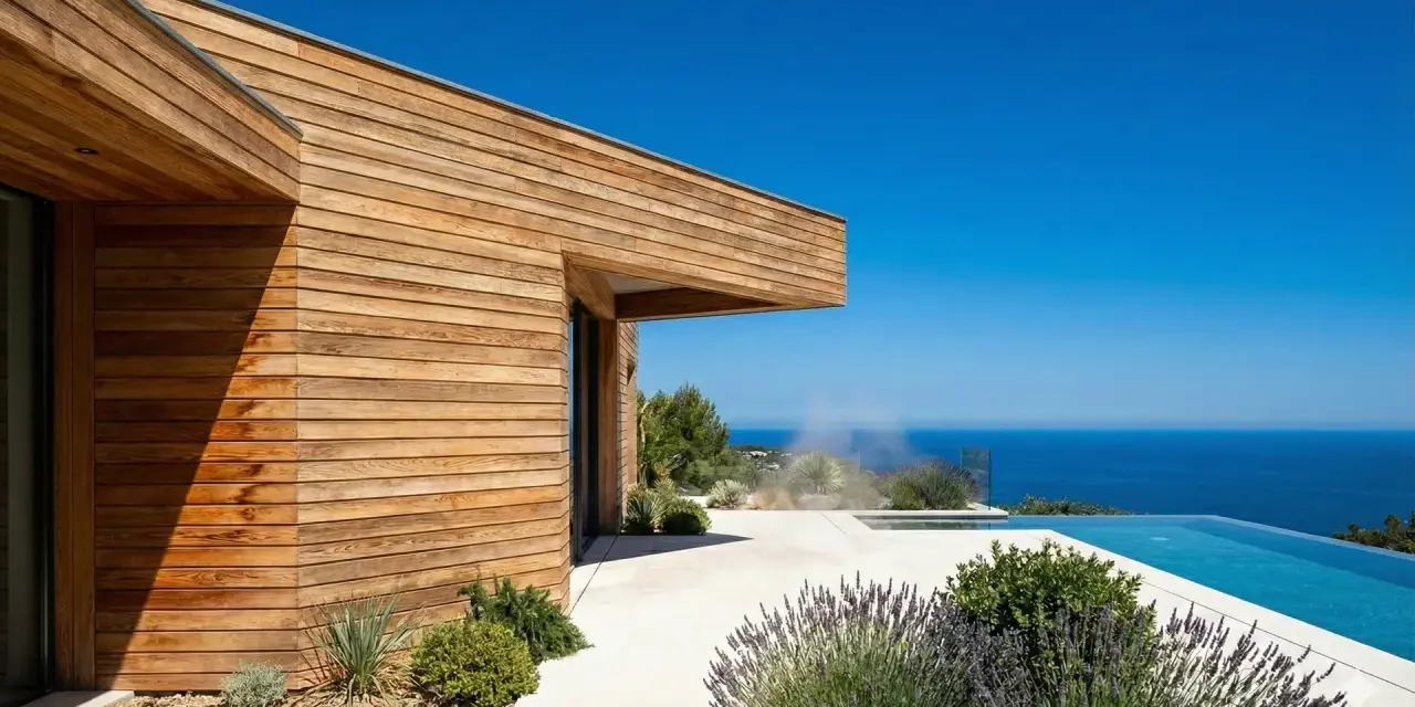 Maison moderne aux parements en bois de douglas ou pin, avec piscine à débordement et vue sur la mer.