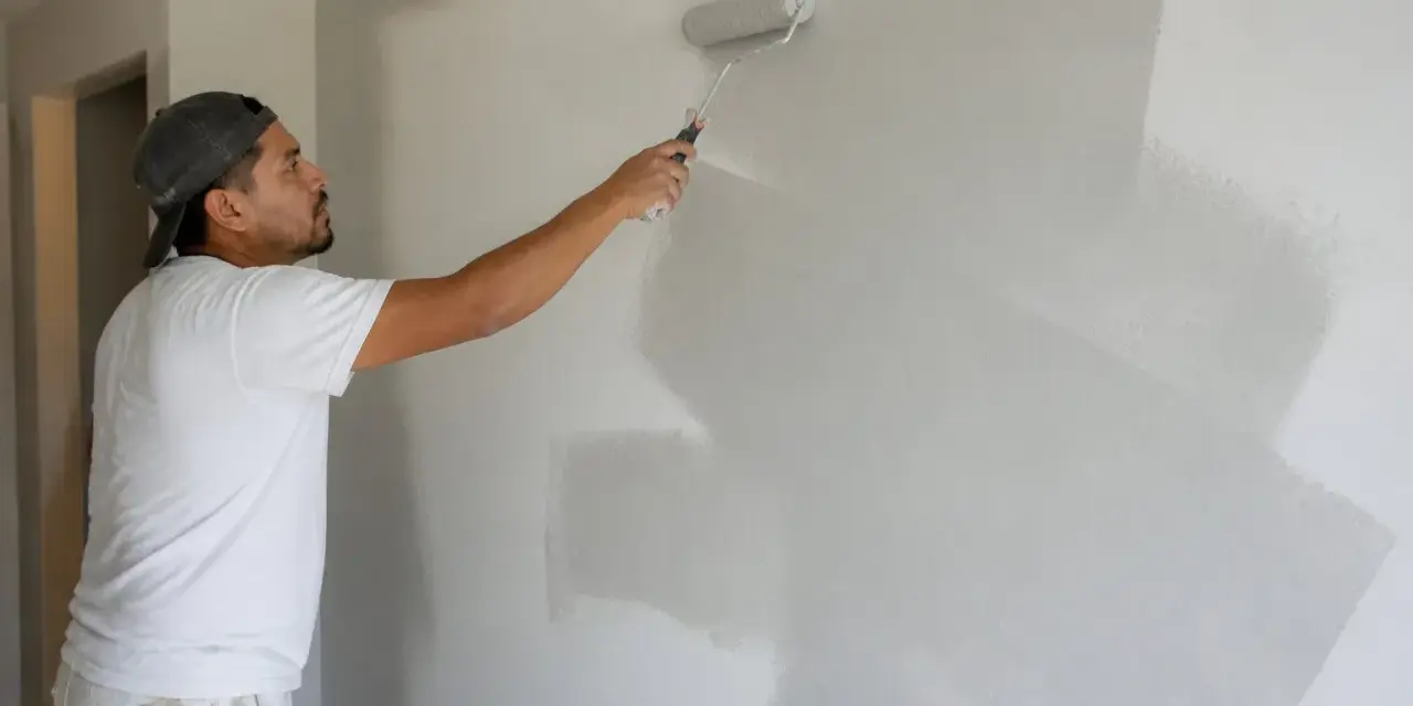 Un peintre applique une couche de peinture grise sur un mur. La question est : peut on enduire sur de la peinture ?