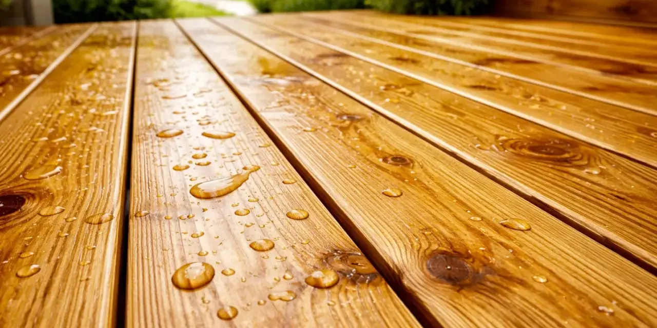 Gouttes d'eau sur une terrasse en bois, preuve de l'efficacité du traitement autoclave bois.