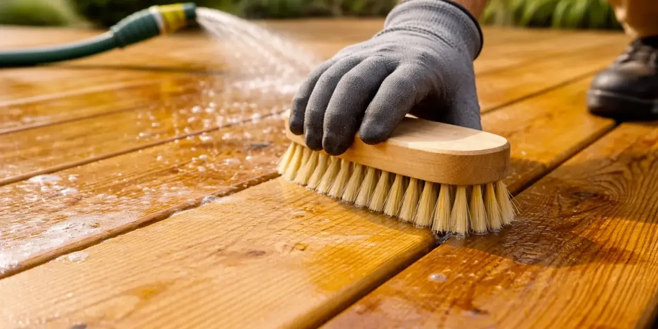 Main tenant avec une brosse et un tuyau d'arrosage pour apprendre comment degriser du bois.