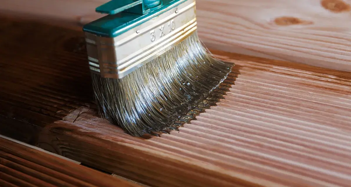 Application d'une lasure sur des lames de bois de douglas. La brosse dépose le produit sur le bois, le protégeant et le sublimant.