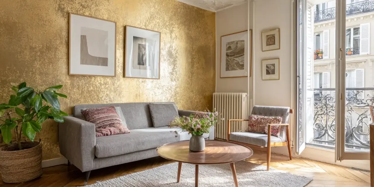 Un salon élégant avec un mur texturé doré, un canapé gris, un fauteuil, une table basse et des tableaux. Une idée pour comment faire du doré avec de la peinture.