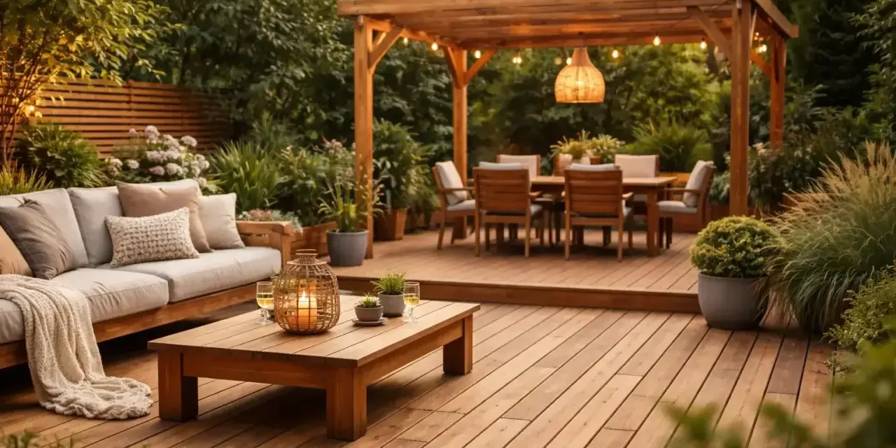 Terrasse en bois massif qualité, salon d'extérieur confortable sous pergola, table à manger et éclairage d'ambiance.