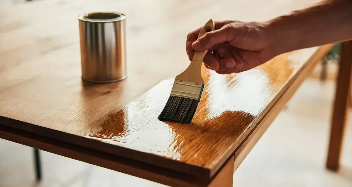 Main d'un artisan appliquant du vernis pour customiser et relooker une table en bois.