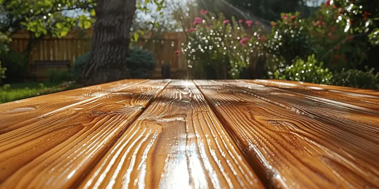 Table en bois fraîchement traitée avec un gel protection bois ou lasure, reflétant le soleil dans un jardin verdoyant.