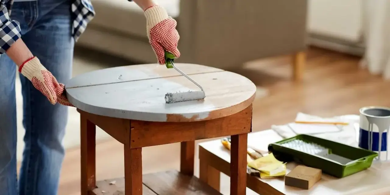 Application d'une sous-couche grise sur une table en bois. Le résultat avant/après du decapant bois est visible.