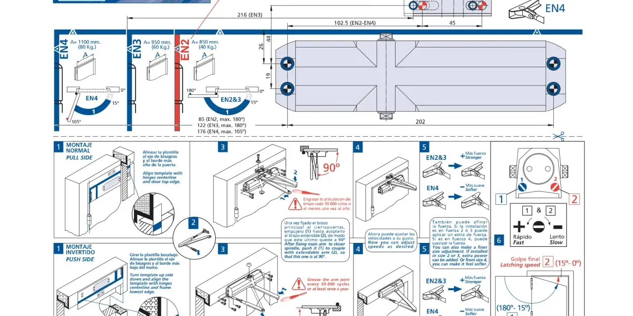 Instructions pour le montage inversé d'un ferme-porte TESA CT180034. Guide visuel des différentes étapes et réglages.