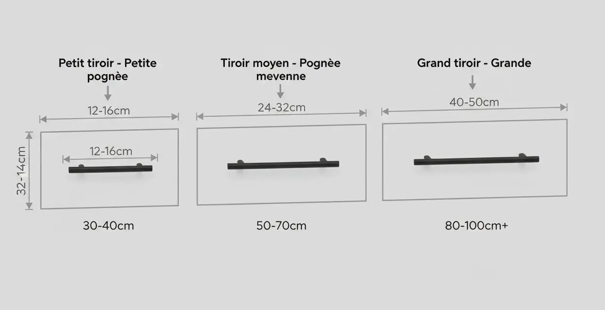 Comparaison de trois types de poignées de porte d'entrée : petite, moyenne et grande, avec leurs dimensions.
