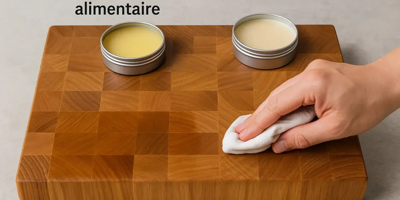 Application de cire d'abeille ou de carnauba sur une planche à découper en bois pour la protéger et la faire briller.