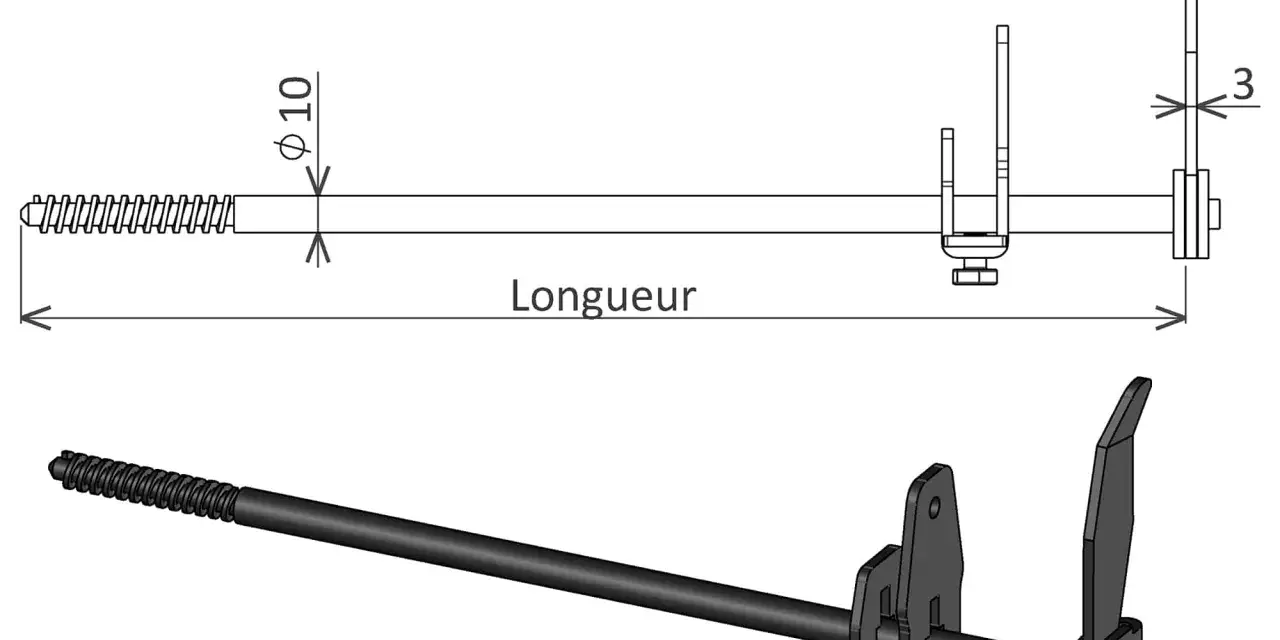 Mécanisme de fermeture de volet avec tige filetée et levier. Le dessin technique indique les dimensions.