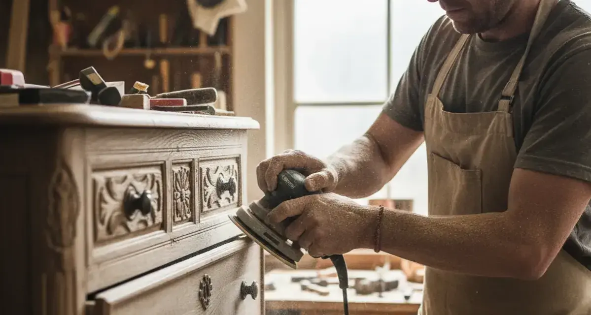 Artisan ponce un meuble ancien, le laissant brut pour révéler sa beauté naturelle. La poussière de bois vole autour de lui.