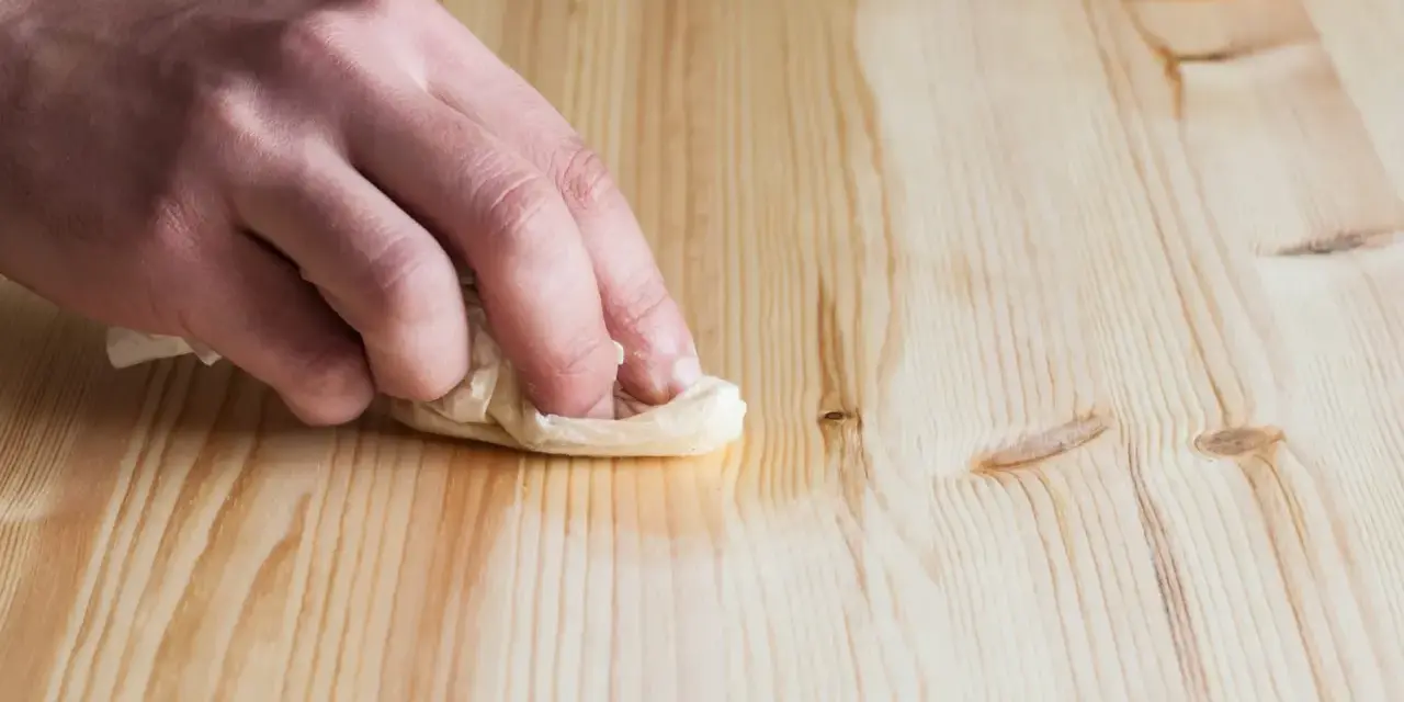 Main d'une personne nettoyant une table en bois avec du vinaigre blanc et un chiffon.